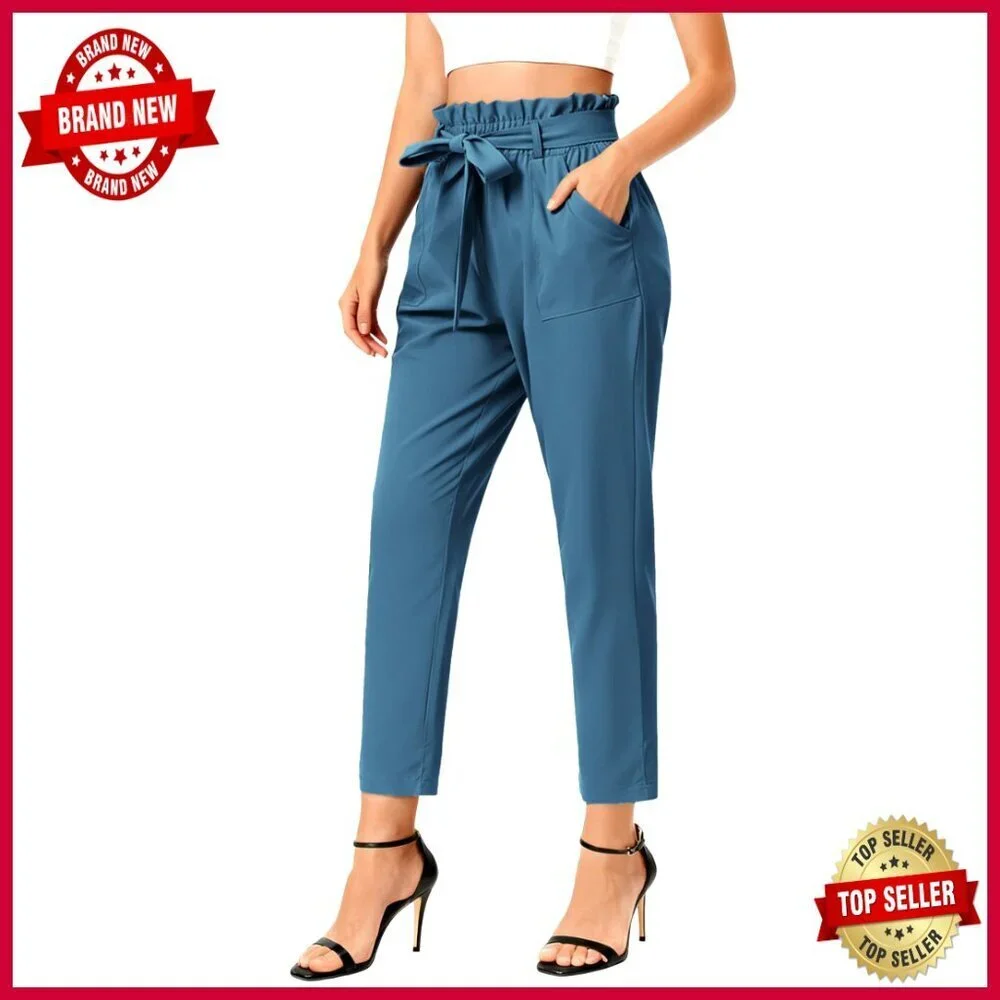 Paper Bag Waist Trousers Elegant Office Casual Chic High Waist Bow Tie Pants